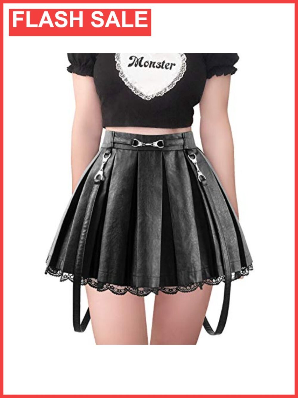 Faux Leather Pleated A-Line Mini Skirt Lace Trim Handcuff Detail